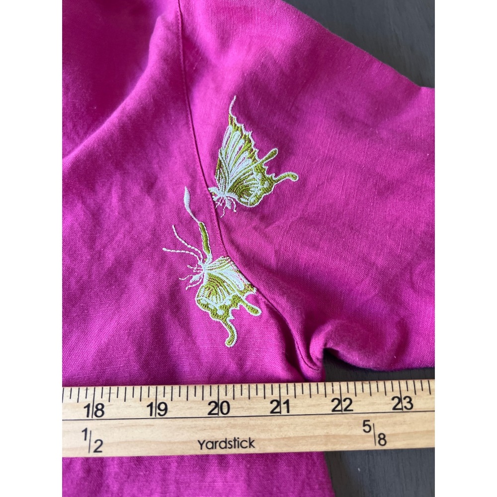Susan Graver Style Magenta Linen Blend Butterfly Embroidered Button-Up Shirt L - Picture 6 of 7